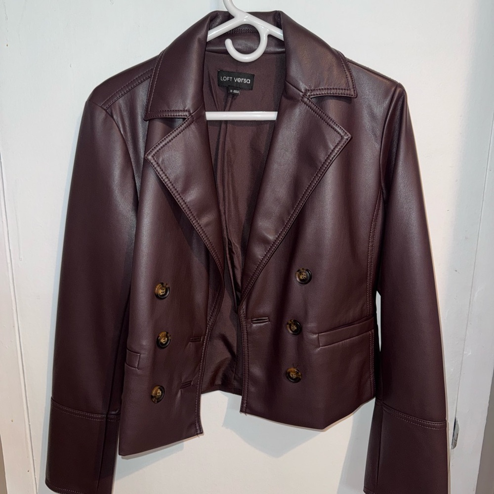 LOFT Versa Faux Leather Cropped Double Breasted Blazer | Brown